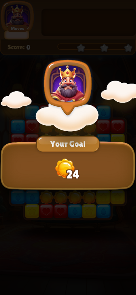 Castle Match: Royal Puzzle - Castle Match Royal Puzzle level goal screen featuring the King and a match 3 game board