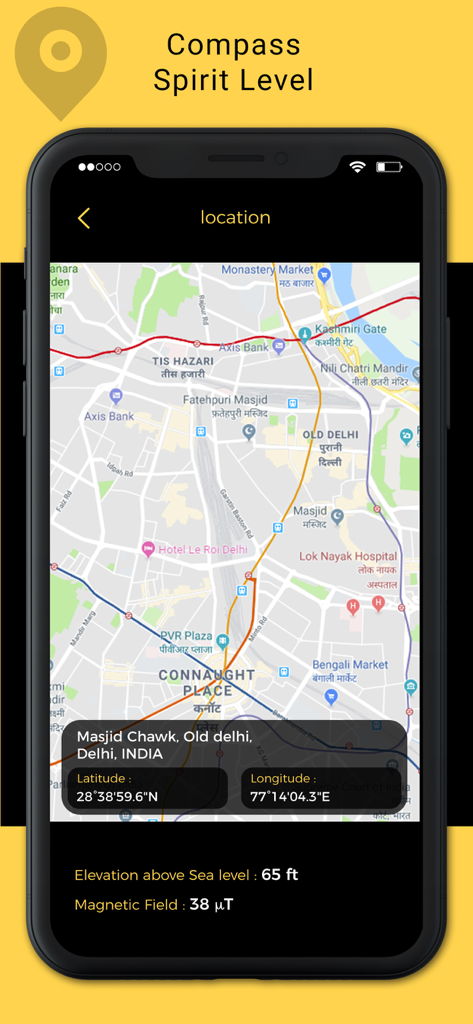 La aplicación Brújula Digital muestra la ubicación en el mapa con latitud, longitud y elevación