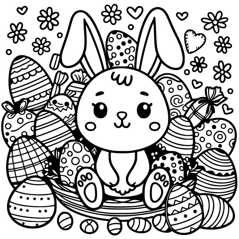 easter bunny surrounded by easter eggs with different patterns, candy, and other spring items