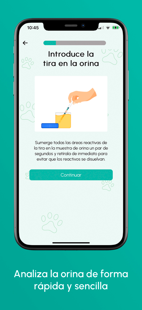 SCANPET - Mobile app screen showing instructions for dipping a diagnostic strip into a pet urine sample