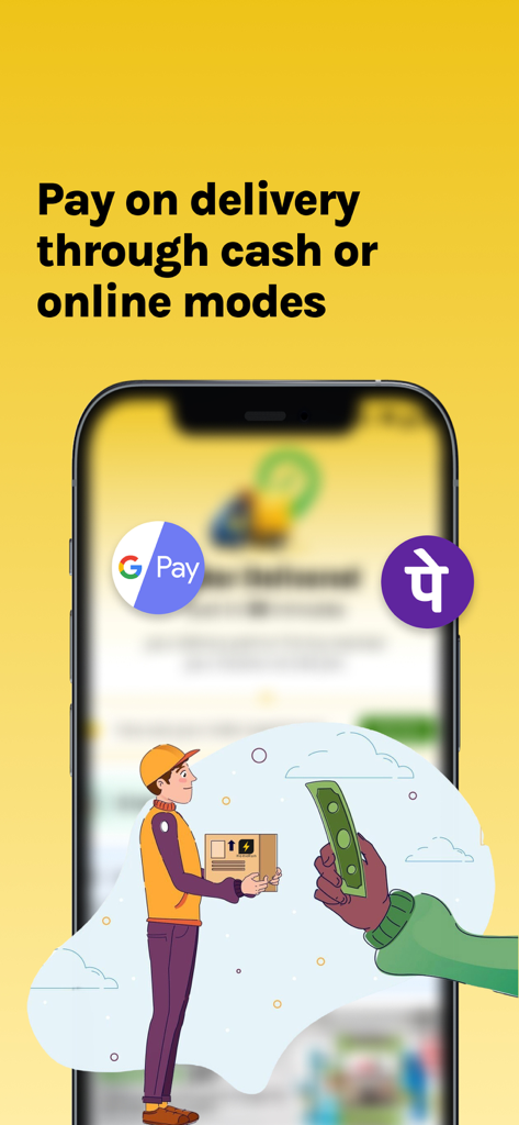HomeRun: Materials in 60 mins - Mobile app interface showing options to pay on delivery through cash or online modes like Google Pay and PhonePe