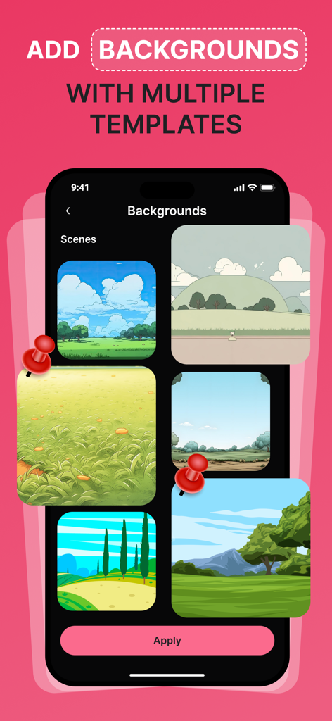 A screen showing various scenery templates for backgrounds in the Animation Creator app.