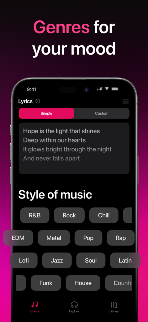 Interfaccia dell'app AI Music Generator per scegliere generi musicali e aggiungere testi.