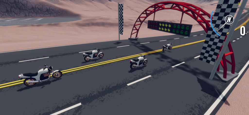 Car Crash Simulator Sandbox 3D - Four motorcycles lined up at the starting line of a desert race track under a red arch