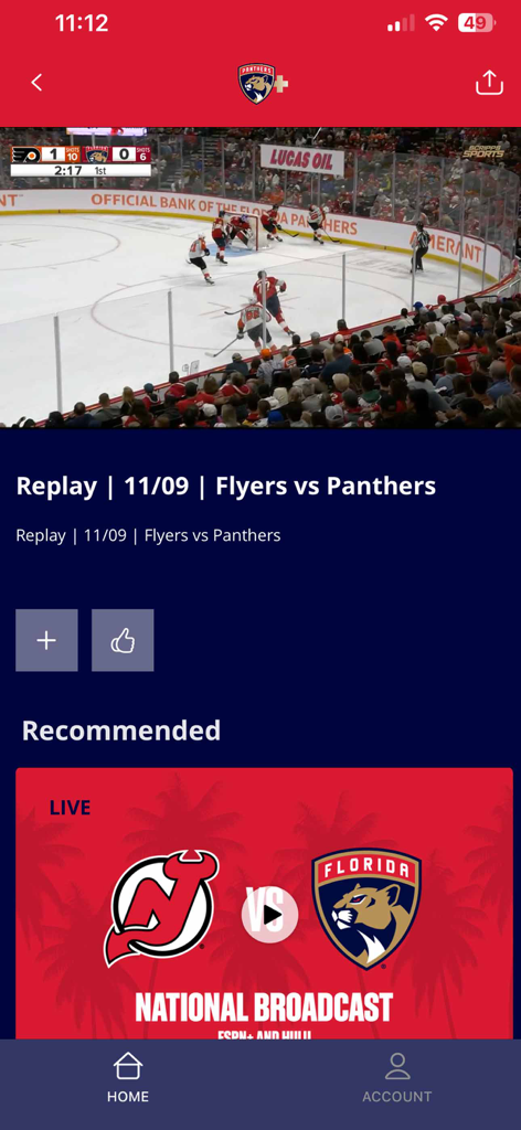 Screenshot of the Panthers Plus app showing a replay of a hockey game between the Flyers and Panthers with a recommended live broadcast section.