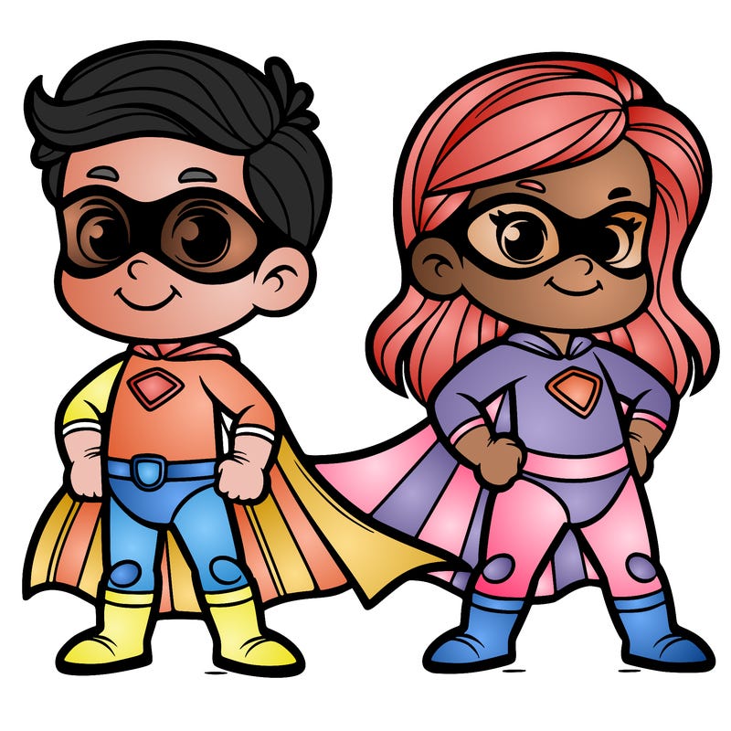 2 superheroes one is a boy of 5 and one is a girl 3 years
