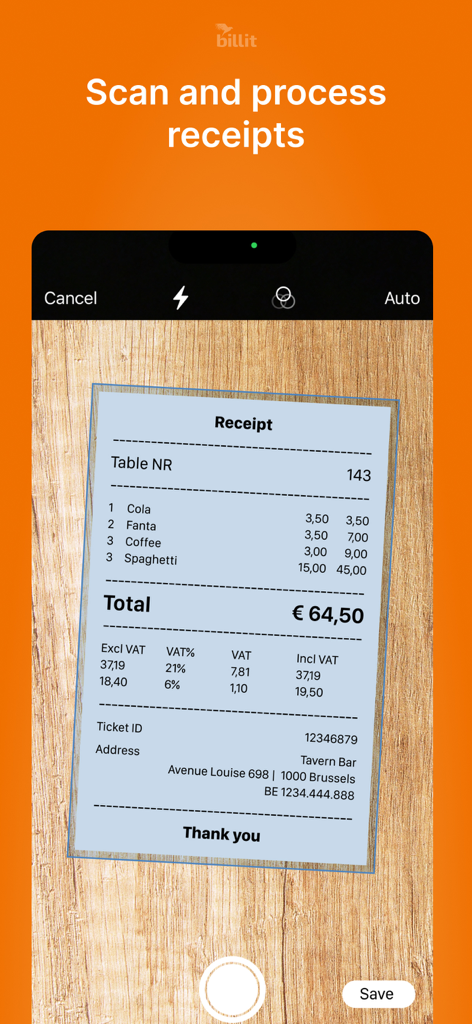 Billit Expenses app scanning a restaurant receipt using a smartphone camera