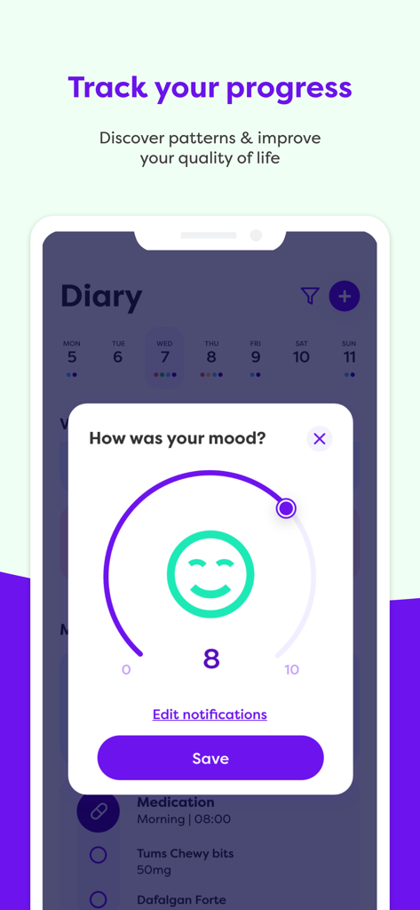 Helpilepsy - Helpilepsy mobile app screen showing a mood tracking popup with a smiley face and numerical scale to track progress