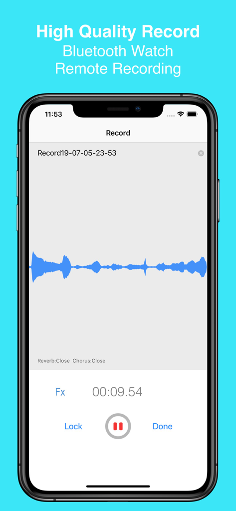 EZAudioCut interface showing high quality audio recording with a blue waveform.