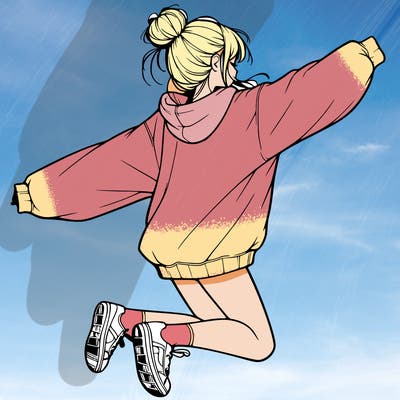 realistic girl jumping with a bun and oversized sweatshirt