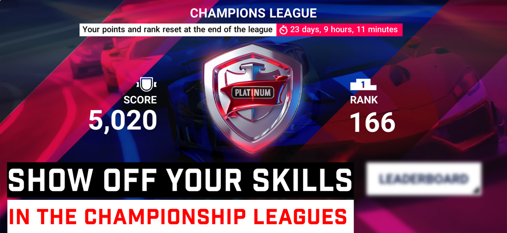 Infinite Speed : Online Racing - Pantalla de la aplicación Infinite Speed mostrando el rango y la puntuación del jugador en la Liga de Campeones