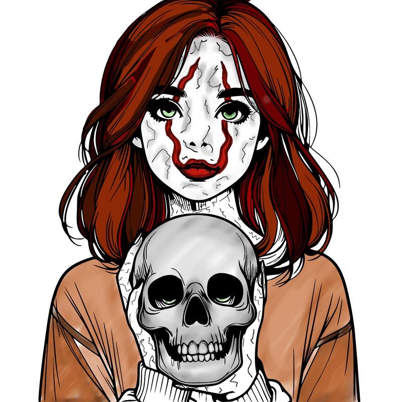 realistic girl holding a skull