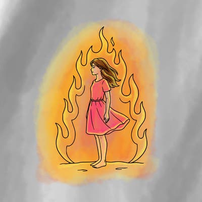 there is a fire but it's not so big but it's big but not too much and there is a girl standing in the middle