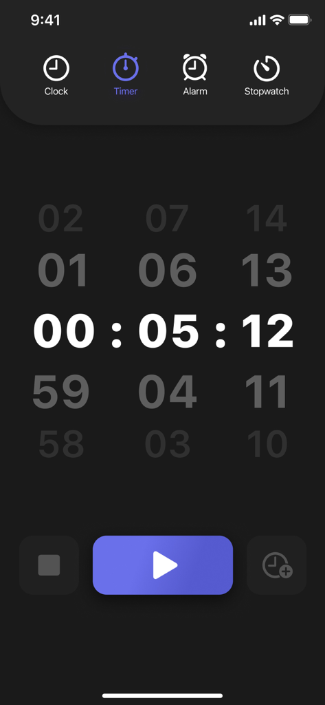 Interfaz moderna en modo oscuro de la aplicación Cronómetro y Temporizador que muestra el selector de hora y el botón de reproducción