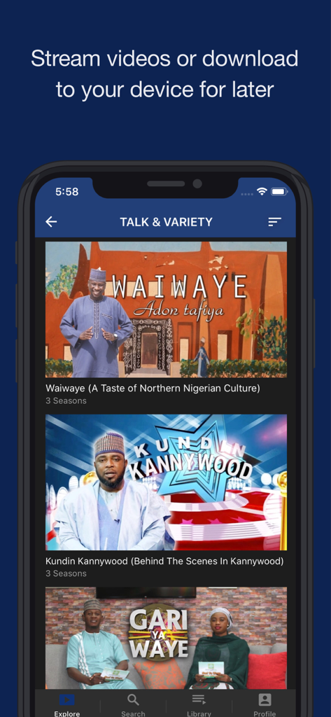 AREWA24 ON DEMAND mobile app interface featuring a list of Northern Nigerian talk shows and variety programs in Hausa language.