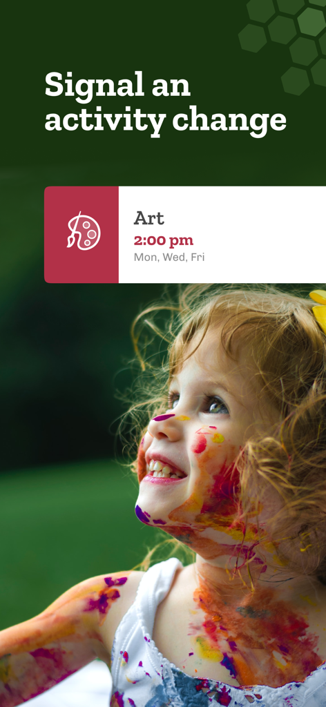 Bee Ready: Daily Reminders - Bee Readyアプリのスクリーンショット。楽しそうな絵を描いた子供でアクティビティの変更を知らせるためのアートクラスのリマインダーを表示。