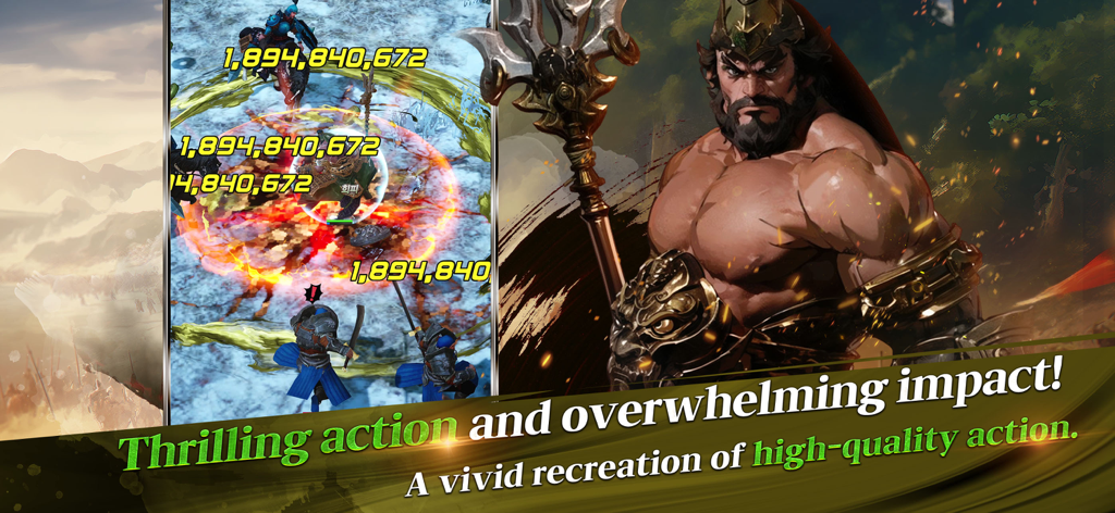 Three Kingdoms: Idle Chronicle - Un poderoso general de los Tres Reinos en una escena de batalla 3D con altos números de daño y gráficos de alta calidad.