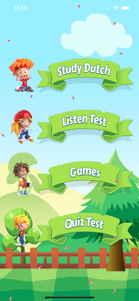 Menú principal de la aplicación Learn Dutch Essentials que muestra las opciones Estudiar holandés, Prueba de escucha, Juegos y Prueba de cuestionario con personajes de dibujos animados