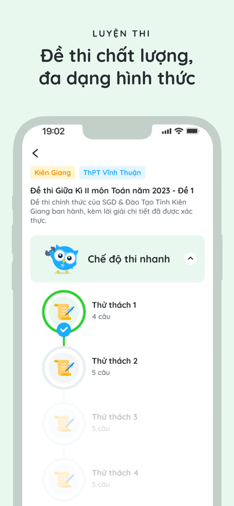 Dicamon - Giải Toán Lý Hóa Anh - Dicamon-App-Bildschirm, der die Vorbereitung auf Mathematikprüfungen mit einer Reihe von Herausforderungen und dem schnellen Prüfungsmodus zeigt