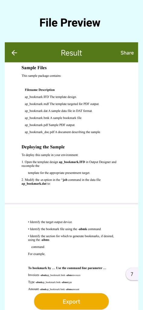 Ebook Formats Converter - A document preview screen in the Ebook Formats Converter app featuring a list of sample files and an export button