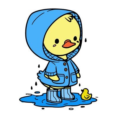 baby duck in a rain coat and boots, in a puddle while it’s raining