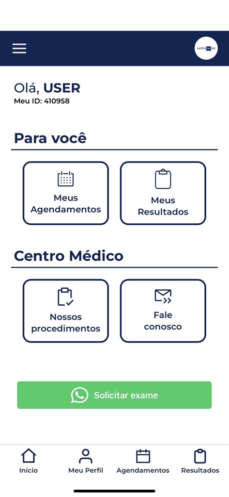 Centro Médico Sorocaba - Tela inicial do aplicativo Centro Médico Sorocaba com opções de gerenciamento de agendamentos e resultados