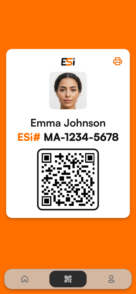Tarjeta de identificación digital en la app ESi Pay que muestra la foto de perfil del usuario y un código QR para transacciones seguras