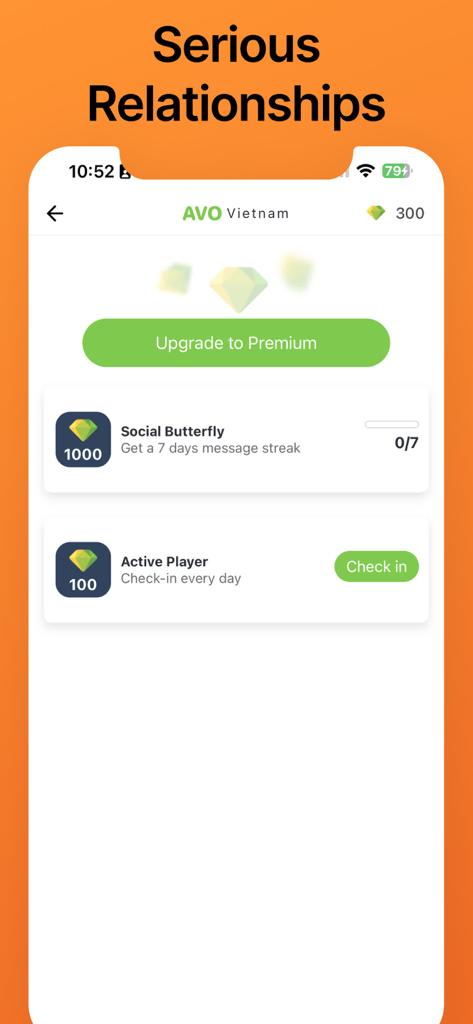 AvoVietnam app screenshot showing rewards for serious relationships including daily check-ins and message streaks