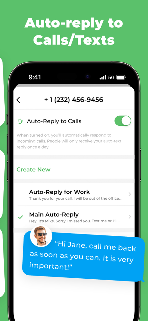 OnPhone app interface showing auto-reply settings for incoming calls and texts with custom message options for work and personal use.