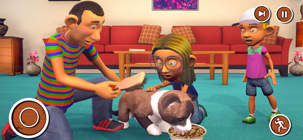 Virtual Pet-Animal Escape Game - Une famille de personnages brossant et nourrissant un chiot dans un jeu de simulation d'animaux de compagnie virtuels 3D