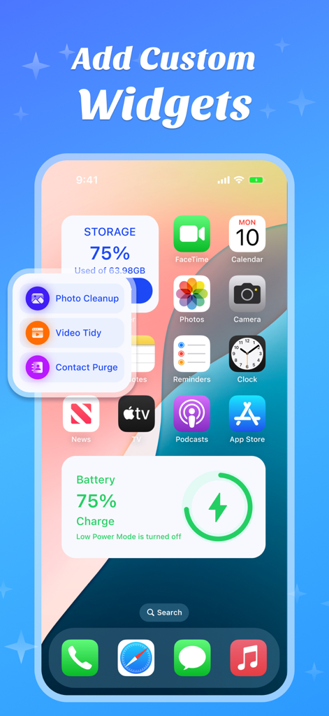 Interfaz de la aplicación Amor Cleaner que muestra widgets personalizados de iPhone para monitoreo de almacenamiento y tareas rápidas de limpieza de fotos