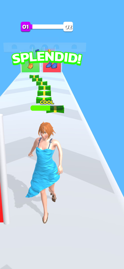 Date Run: Dress Up & Makeup - Date Runモバイルゲームで、ファッションのトラックでお金を集めながら走っている青いドレスの女性キャラクター。