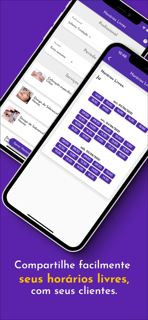 Tua Agenda: Para Profissionais - Tua Agenda app interface displaying a list of available appointment slots and professional service categories