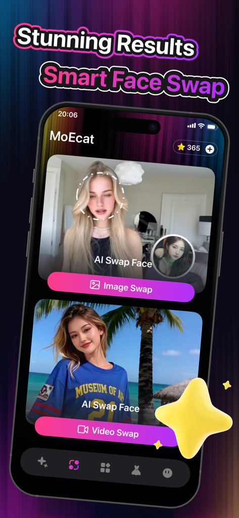 MoEcat - MoEcat app interface showing smart face swap options for images and videos with stunning results.