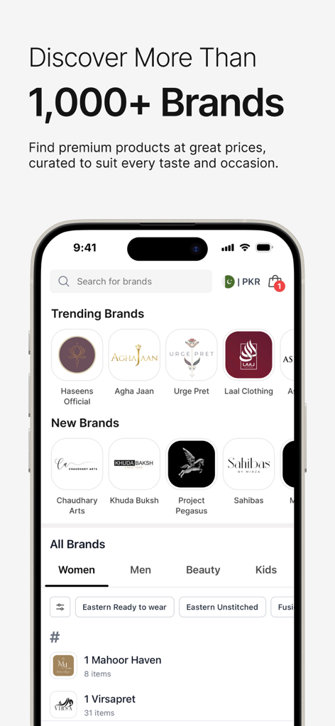 Mobile app screen showing a selection of over 1000 fashion brands on LAAM.