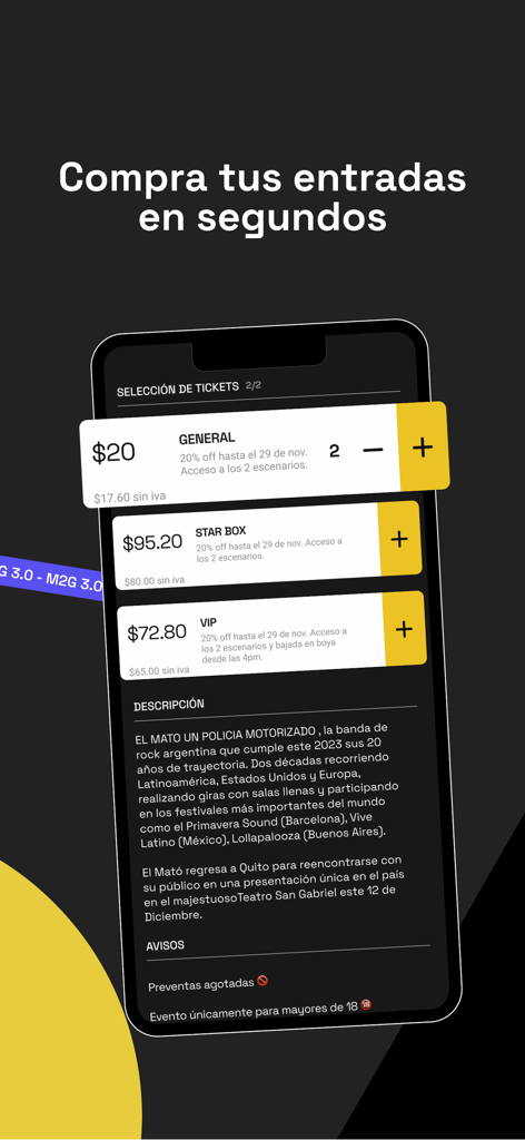 meet2go - Smartphone screen showing meet2go app interface for selecting general star box and VIP tickets for a concert