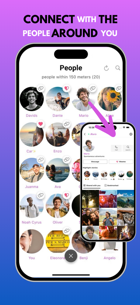 Interface do Weebu Messenger mostrando perfis de pessoas próximas a até 150 metros