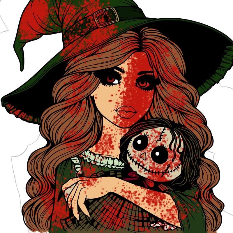 realistic beautiful witch halloween holding spooky doll