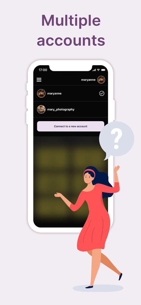 Pantalla de teléfono móvil que muestra la interfaz de gestión de múltiples cuentas para el seguimiento de redes sociales.