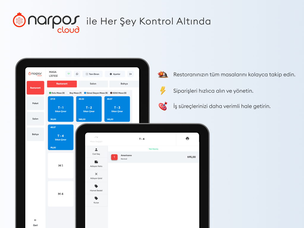 NarPOS Cloud - Sistema TPV digital para restaurantes que muestra la gestión de mesas y el seguimiento de pedidos en tabletas