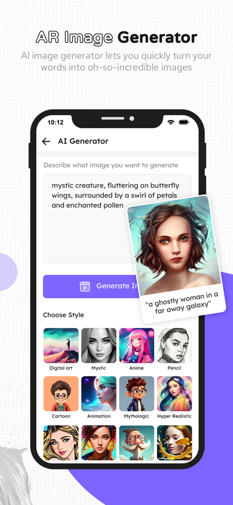 AR Drawing - Learn to Draw Art - Interfaz de la aplicación AR Drawing mostrando el generador de imágenes IA con varios estilos artísticos