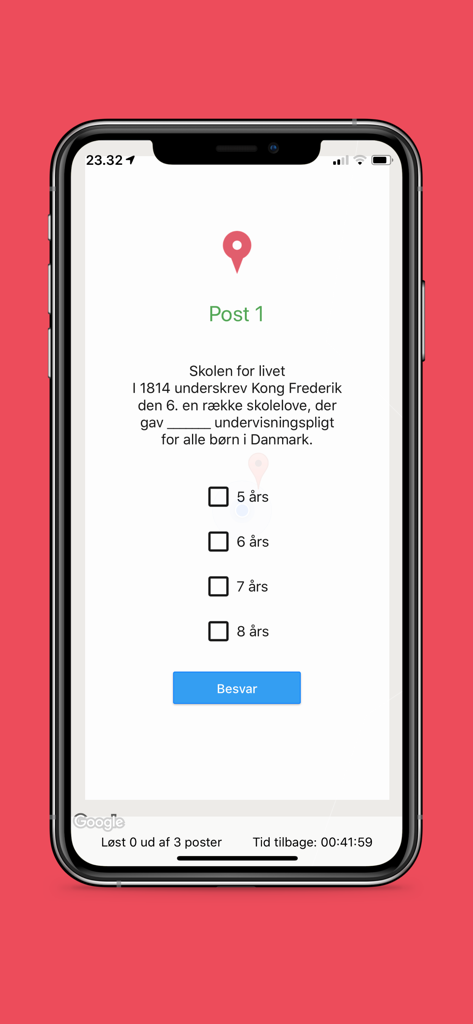 Find2Learn app interface showing a multiple choice quiz question during a GPS activity