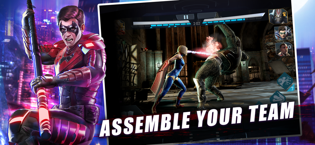 Injustice 2 mobile game screenshot showing Robin character art and a battle between Supergirl and Gorilla Grodd