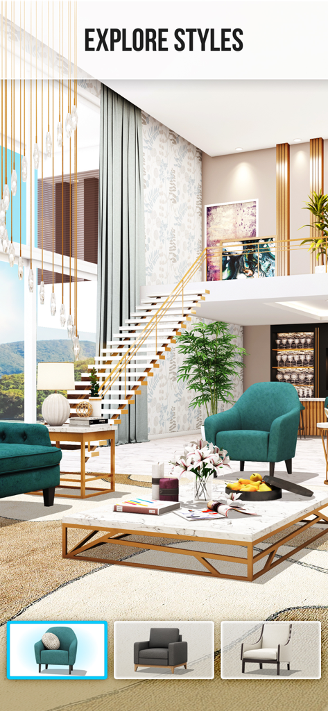 Home Design : Paradise Life - A luxurious modern living room with a furniture selection menu for choosing different armchair styles.