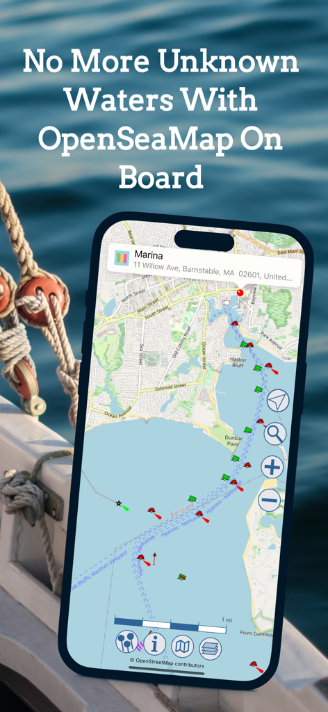 OpenStreets 4 Open Street Map - OpenStreets 4 App zeigt eine nautische Karte mit Navigationsmarkierungen in einem Yachthafen