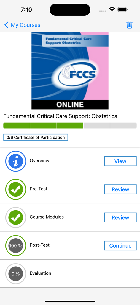 Learn ICU - Course dashboard in the Learn ICU app showing progress for Fundamental Critical Care Support Obstetrics including pre-test and post-test status.