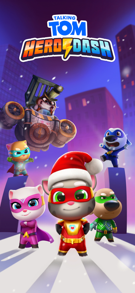 Talking Tom and his friends dressed as superheroes in a snowy city