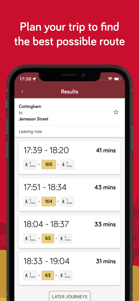 East Yorkshire Buses app journey planning results screen showing different bus routes and travel times