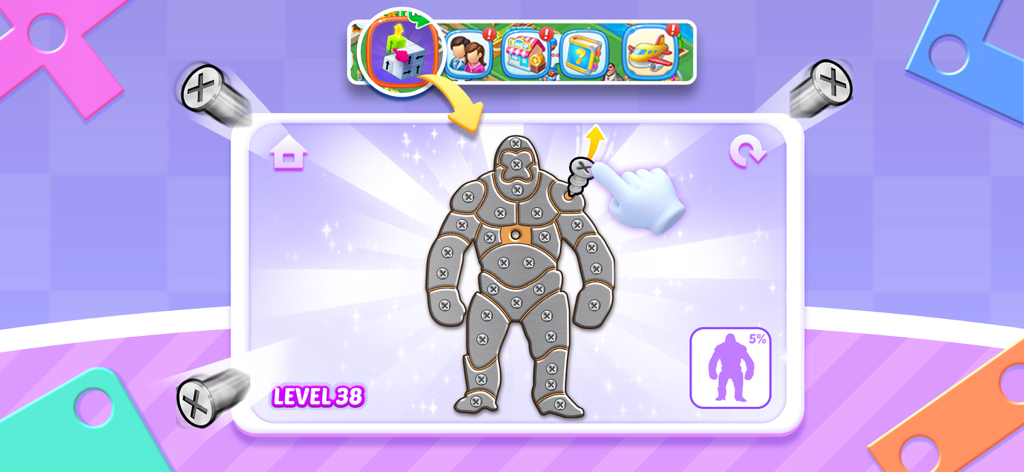 Merge Topia-Screw Jam - A logic puzzle level in Merge Topia-Screw Jam where a player removes screws from a metal gorilla figure.