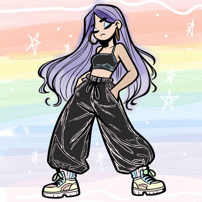 girl in baggy pants crop top and long hair